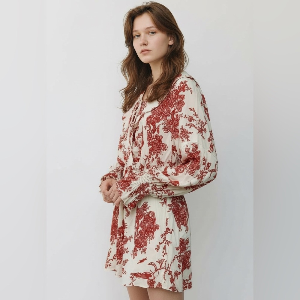 Dress Forum Red and Cream Floral Long Sleeve Dress